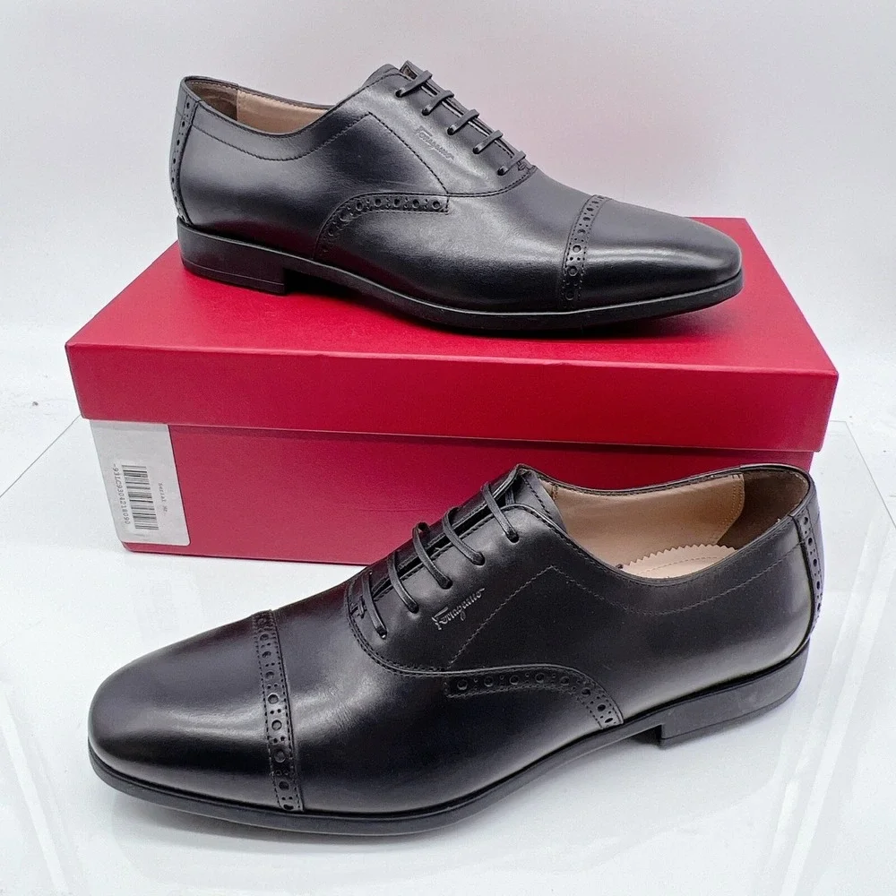 Salvatore Ferragamo Riley Men Dress Shoes Lace Up Oxfords Black Leather US 7 EE
